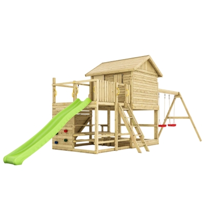 Casetta Gioco in Legno Fungoo Aloha con Scivolo, Doppia Altalena, Sabbiera, Tavolo Picnic e Arrampicata