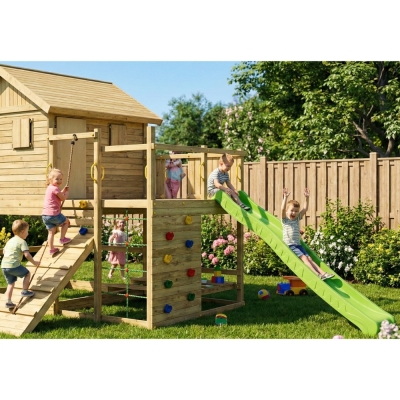 Casetta Gioco in Legno Fungoo Aloha con Scivolo, Doppia Altalena, Sabbiera, Tavolo Picnic e Arrampicata