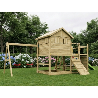 Casetta Gioco in Legno Fungoo Aloha con Scivolo, Doppia Altalena, Sabbiera, Tavolo Picnic e Arrampicata