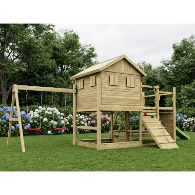 Casetta Gioco in Legno Fungoo Aloha con Scivolo, Doppia Altalena, Sabbiera, Tavolo Picnic e Arrampicata