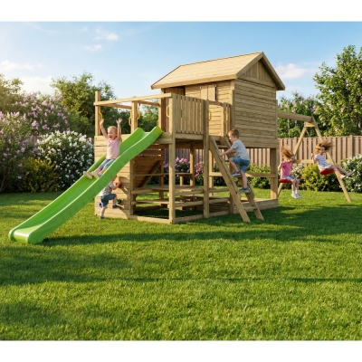 Casetta Gioco in Legno Fungoo Aloha con Scivolo, Doppia Altalena, Sabbiera, Tavolo Picnic e Arrampicata