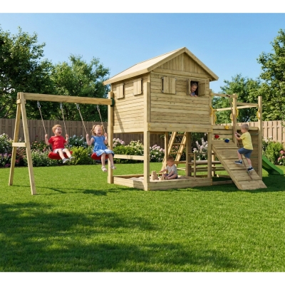 Casetta Gioco in Legno Fungoo Aloha con Scivolo, Doppia Altalena, Sabbiera, Tavolo Picnic e Arrampicata