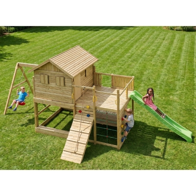 Casetta Gioco in Legno Fungoo Aloha con Scivolo, Doppia Altalena, Sabbiera, Tavolo Picnic e Arrampicata