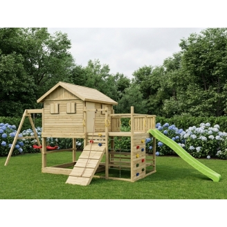 Casetta Gioco in Legno Fungoo Aloha con Scivolo, Doppia Altalena, Sabbiera, Tavolo Picnic e Arrampicata