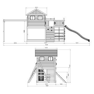 Casetta Gioco in Legno Fungoo Aloha con Scivolo, Doppia Altalena, Sabbiera, Tavolo Picnic e Arrampicata