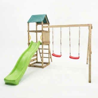 Parco giochi in legno Maxplay 2.1 con scivolo verde, doppia altalena e arrampicata per giardino