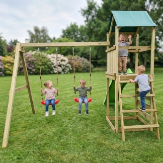 Parco giochi in legno Maxplay 2.1 con scivolo verde, doppia altalena e arrampicata per giardino