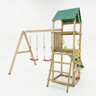 Parco giochi in legno Maxplay 2.1 con scivolo verde, doppia altalena e arrampicata per giardino
