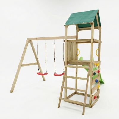 Parco giochi in legno Maxplay 2.1 con scivolo verde, doppia altalena e arrampicata per giardino