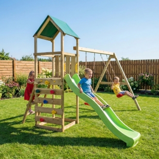 Parco giochi in legno Maxplay 2.1 con scivolo verde, doppia altalena e arrampicata per giardino