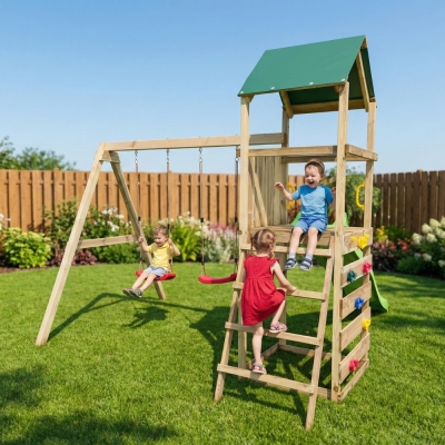 Parco giochi in legno Maxplay 2.1 con scivolo verde, doppia altalena e arrampicata per giardino