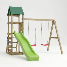 Parco giochi in legno Maxplay 2.1 con scivolo verde, doppia altalena e arrampicata per giardino