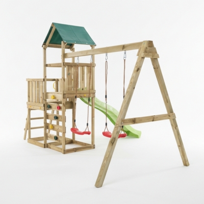 Parco giochi in legno Maxplay 3.1 con torre, scivolo verde, doppia altalena e sabbiera