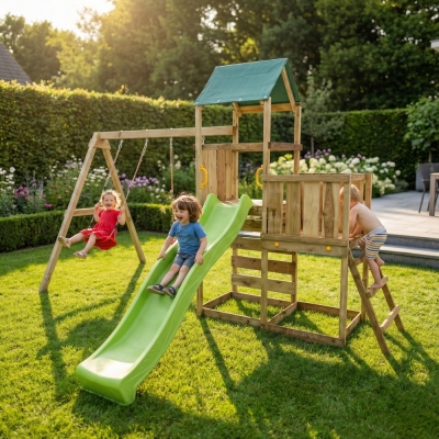 Parco giochi in legno Maxplay 3.1 con torre, scivolo verde, doppia altalena e sabbiera