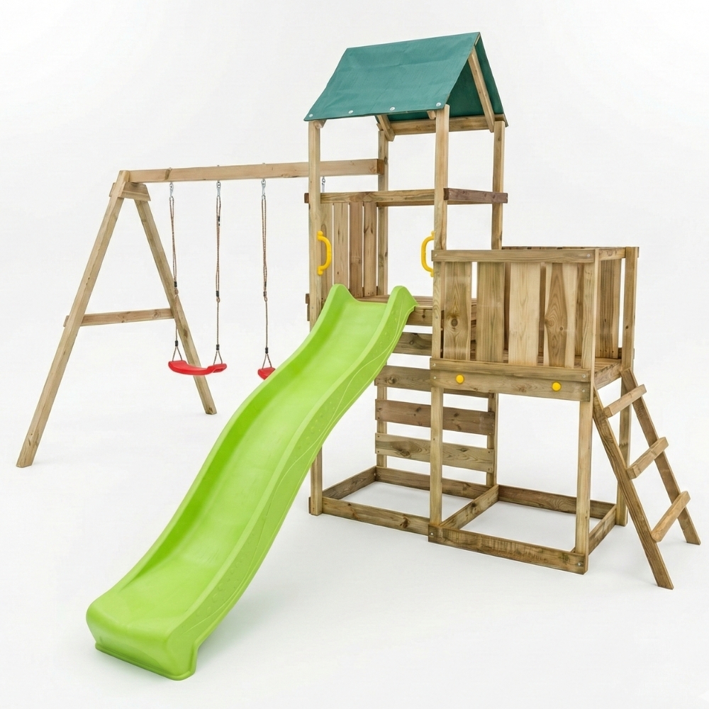 Parco giochi in legno Maxplay 3.1 con torre, scivolo verde, doppia altalena e sabbiera