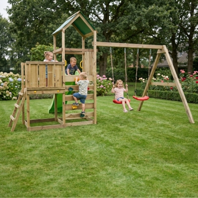 Parco giochi in legno Maxplay 3.1 con torre, scivolo verde, doppia altalena e sabbiera