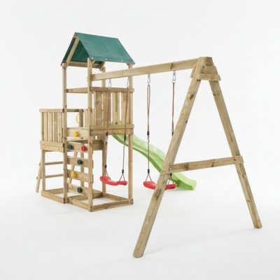 Parco giochi in legno Maxplay 3.1 con torre, scivolo verde, doppia altalena e sabbiera