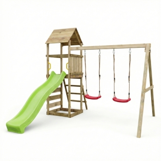Parco giochi in legno Maxplay 2.2 con scivolo verde, doppia altalena e torre