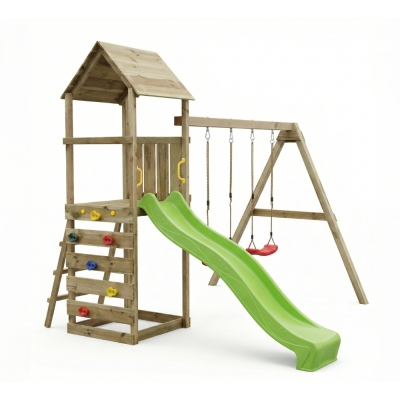 Parco giochi in legno Maxplay 2.2 con scivolo verde, doppia altalena e torre