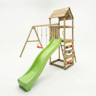 Parco giochi in legno Maxplay 2.2 con scivolo verde, doppia altalena e torre