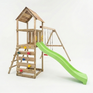 Parco giochi in legno Maxplay 2.2 con scivolo verde, doppia altalena e torre