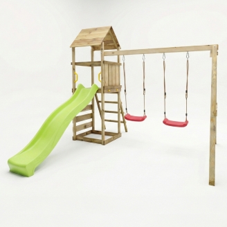 Parco giochi in legno Maxplay 2.2 con scivolo verde, doppia altalena e torre