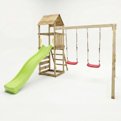 Parco giochi in legno Maxplay 2.2 con scivolo verde, doppia altalena e torre
