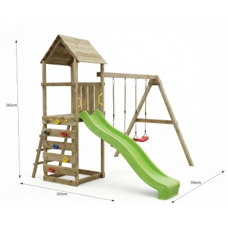 Parco giochi in legno Maxplay 2.2 con scivolo verde, doppia altalena e torre