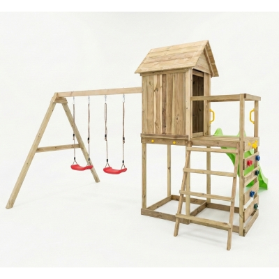 Casetta rialzata per bambini in legno Maxplay 5 con scivolo verde, doppia altalena e arrampicata