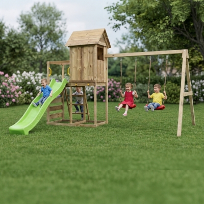 Casetta rialzata per bambini in legno Maxplay 5 con scivolo verde, doppia altalena e arrampicata