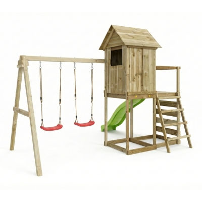 Casetta rialzata per bambini in legno Maxplay 5 con scivolo verde, doppia altalena e arrampicata