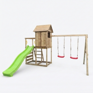 Casetta rialzata per bambini in legno Maxplay 5 con scivolo verde, doppia altalena e arrampicata