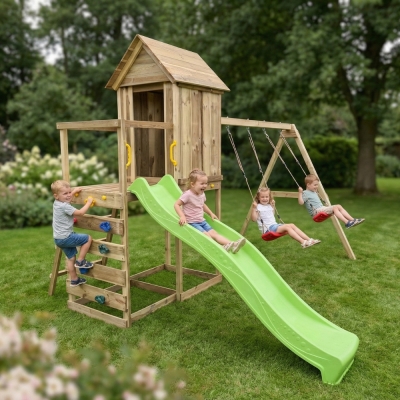 Casetta rialzata per bambini in legno Maxplay 5 con scivolo verde, doppia altalena e arrampicata
