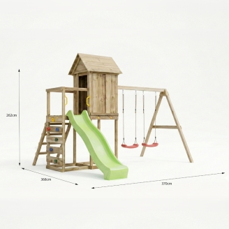 Casetta rialzata per bambini in legno Maxplay 5 con scivolo verde, doppia altalena e arrampicata
