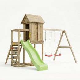 Casetta rialzata per bambini in legno Maxplay 5 con scivolo verde, doppia altalena e arrampicata