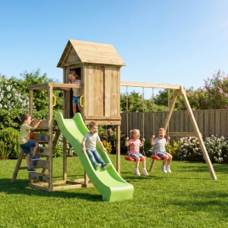 Casetta rialzata per bambini in legno Maxplay 5 con scivolo verde, doppia altalena e arrampicata