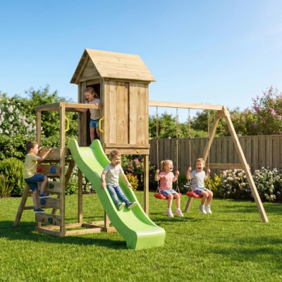 Casetta rialzata per bambini in legno Maxplay 5 con scivolo verde, doppia altalena e arrampicata