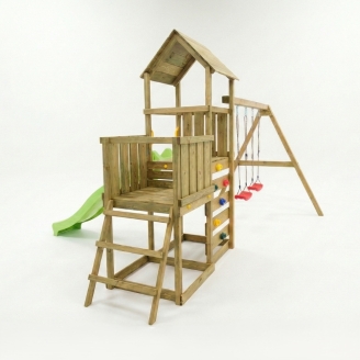 Gioco da giardino in legno Maxplay 3.2 con Scivolo Verde, torre, parete di arrampicata e doppia altalena