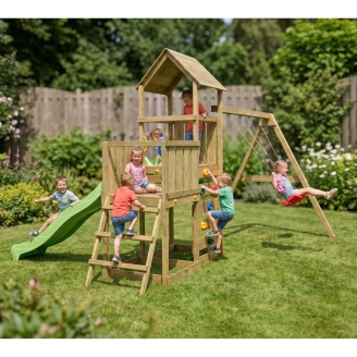 Gioco da giardino in legno Maxplay 3.2 con Scivolo Verde, torre, parete di arrampicata e doppia altalena
