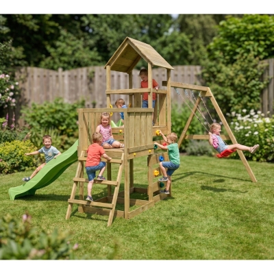 Gioco da giardino in legno Maxplay 3.2 con Scivolo Verde, torre, parete di arrampicata e doppia altalena