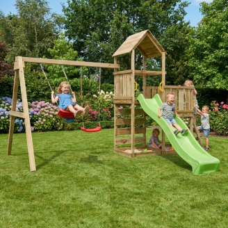 Gioco da giardino in legno Maxplay 3.2 con Scivolo Verde, torre, parete di arrampicata e doppia altalena