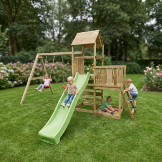 Gioco da giardino in legno Maxplay 3.2 con Scivolo Verde, torre, parete di arrampicata e doppia altalena