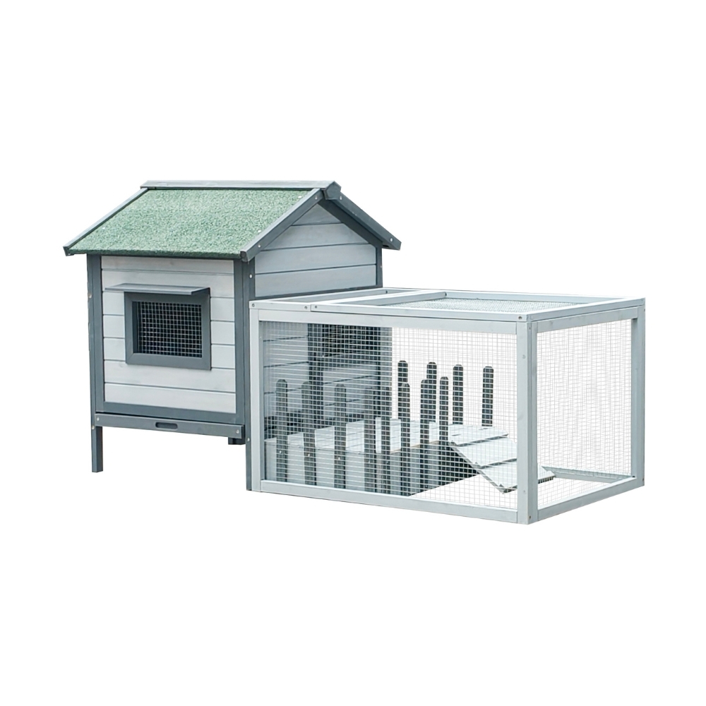 Casetta per Animali Farm 1 in Legno Grigio con Recinto – 146x75x83 cm