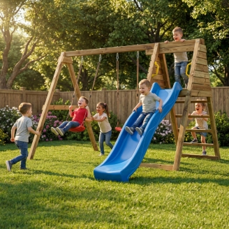 Area gioco da giardino in legno Maxplay Gym con scivolo blu e doppia altalena