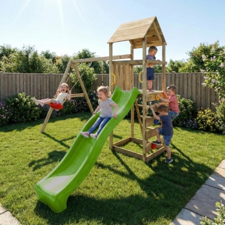 Parco giochi in legno Maxplay 2.2 con scivolo verde, doppia altalena e torre