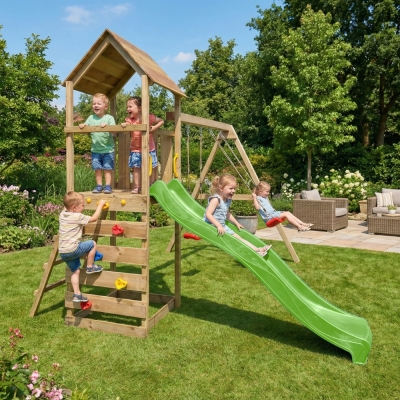 Parco giochi in legno Maxplay 2.2 con scivolo verde, doppia altalena e torre