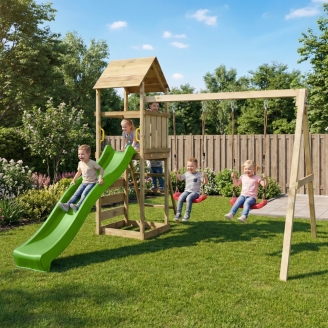 Parco giochi in legno Maxplay 2.2 con scivolo verde, doppia altalena e torre