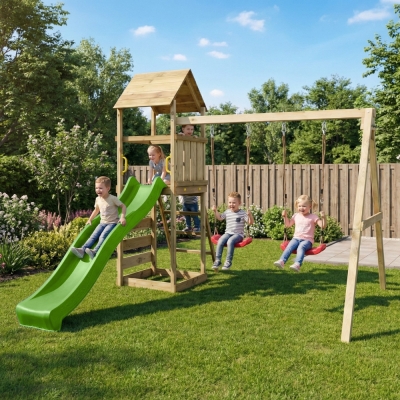 Parco giochi in legno Maxplay 2.2 con scivolo verde, doppia altalena e torre