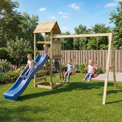 Parco giochi in legno Maxplay 2.2 con scivolo blu, doppia altalena e torre