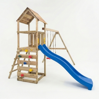 Parco giochi in legno Maxplay 2.2 con scivolo blu, doppia altalena e torre